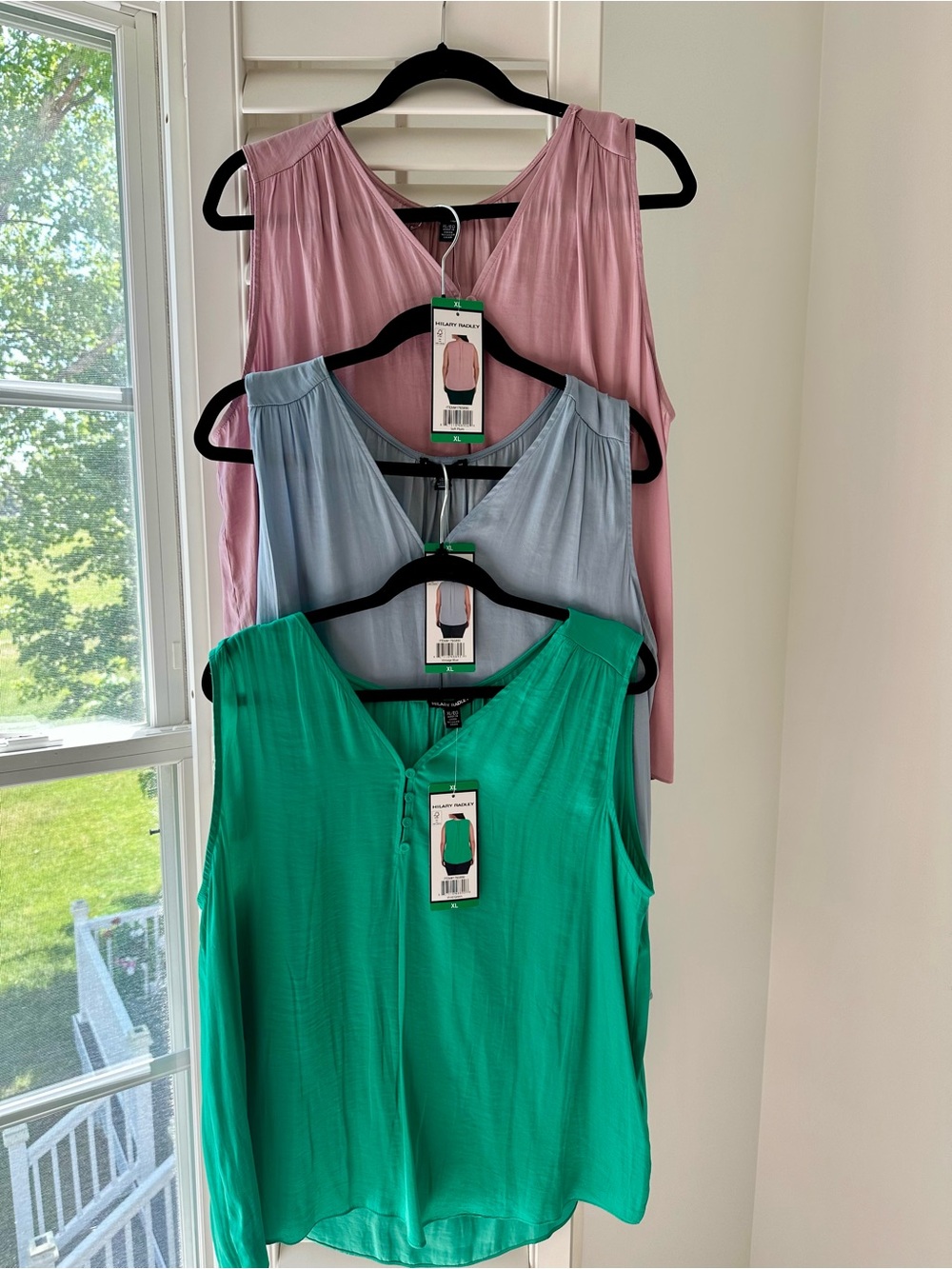 BUNDLE of 3 Sleeveless V-Neck Blouses - Green, Dusty Pink, Light Blue